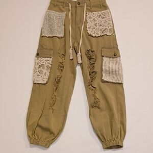 POL 39112 Twill Boho Crochet Joggers Size Small